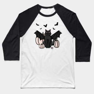 Cute Black Cat in a Bat Costume With White Pumpkins Baseball T-Shirt